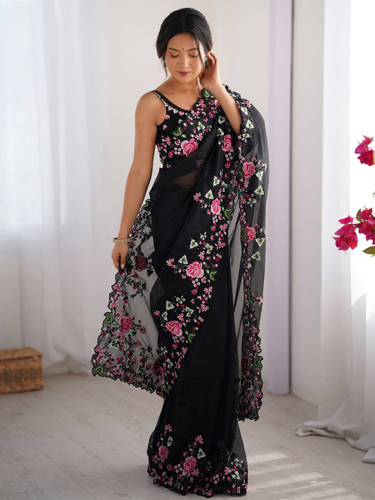 Black Vichitra Silk Embroidered Border Saree - Ressa
