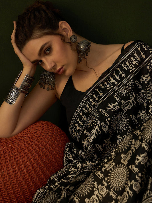 Black Warli Art Bhagalpuri Silk Saree - Ressa