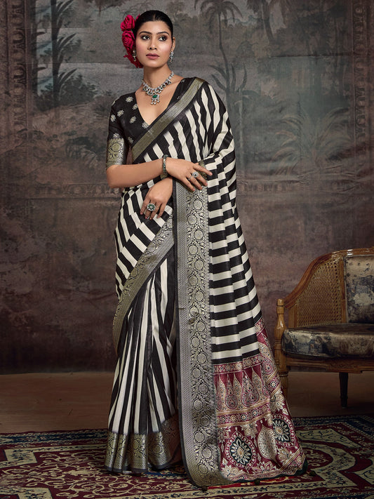 Black & White Striped Banarasi Silk Saree - Ressa