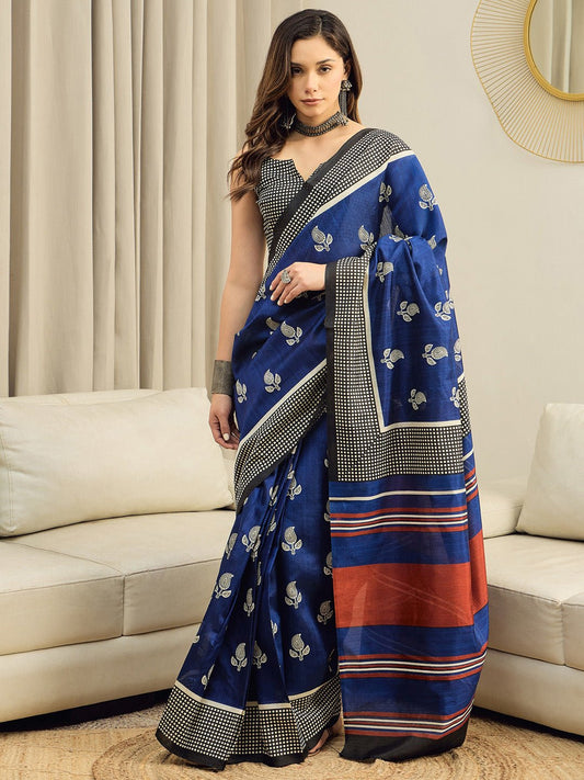 Blue Bhagalpuri Silk Block Printed Saree - Ressa