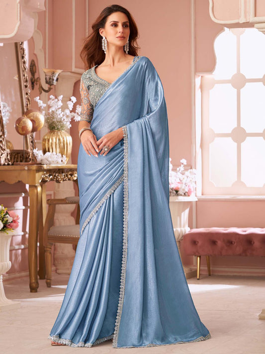Blue Embellished Sequinned Pure Chiffon Saree - Ressa