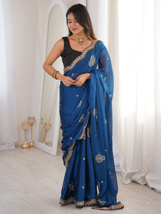 Blue Georgette Embroidered Saree with Blouse - Ressa