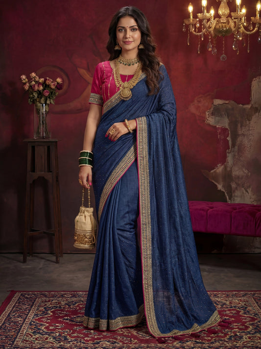 Blue Georgette Saree with Embroidered Border - Ressa