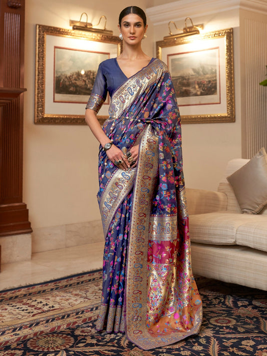 Blue Kashmiri Silk Saree with Flower Motif - Ressa