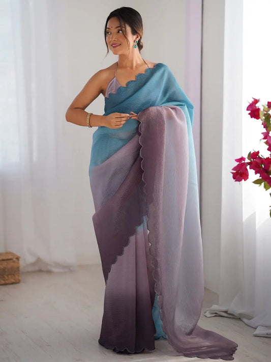 Blue Purple : Ombre Organza : Scalloped Border : Designer Blouse Saree