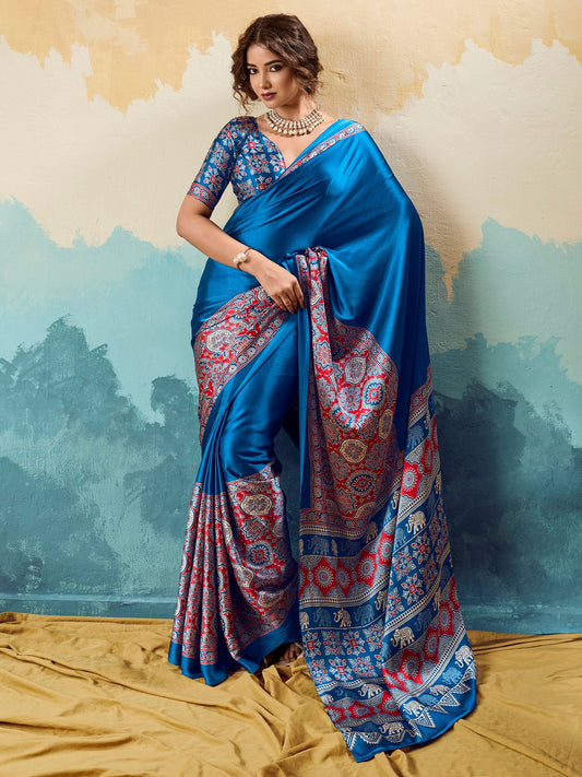 Blue Satin Ajrakh Printed Saree - Ressa