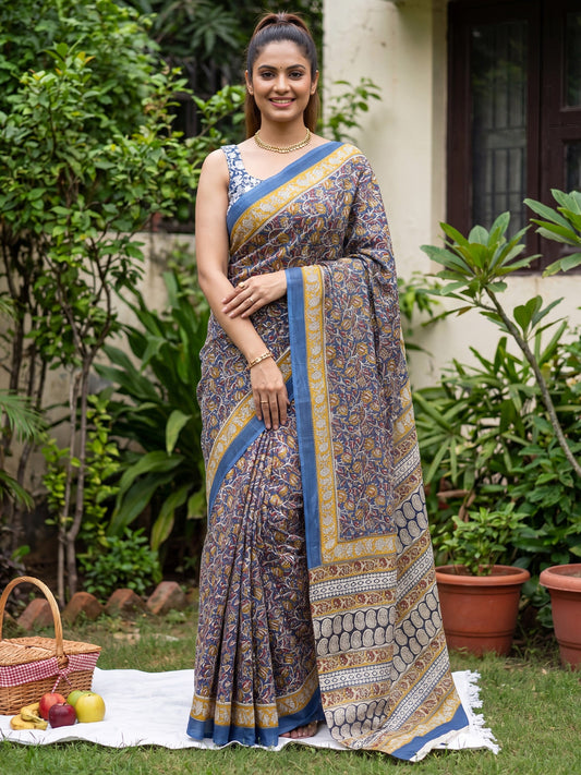 Blue & yellow Saree Kalamkari Print Saree - Ressa
