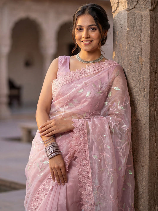 Blush Pink Organza Embroidered Saree with Lace Border - Ressa