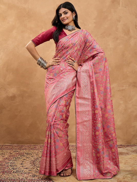 Blush Pink Silk Saree with Multicoloured Floral Jaal - Ressa