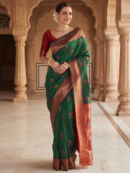 Bottle Green Banarasi Silk Heritage Zari Weave Saree - Ressa