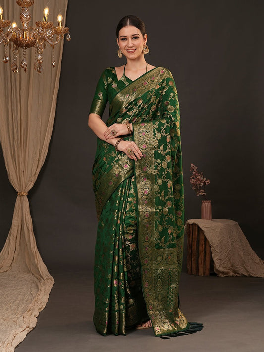 Bottle Green Banarasi Silk Saree - Ressa