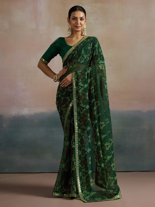 Bottle Green Sequin Work Bandhani Saree - Ressa
