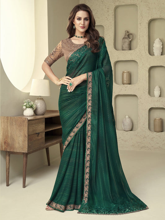 Bottle Green Solid Georgette Saree - Ressa