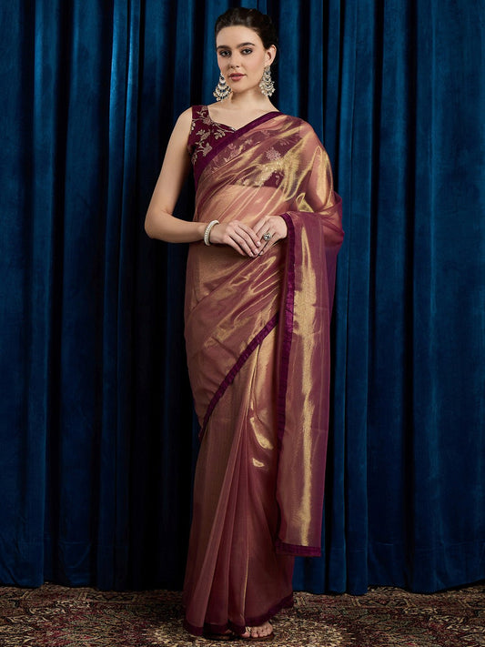 Burgandy Supernet Saree with Gold Zari - Ressa