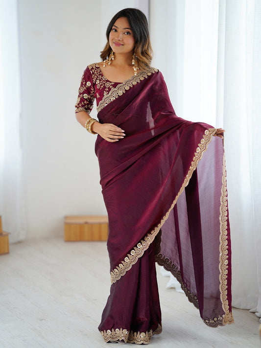 Burgundy Embellished Tissue Silk Sarees - Ressa