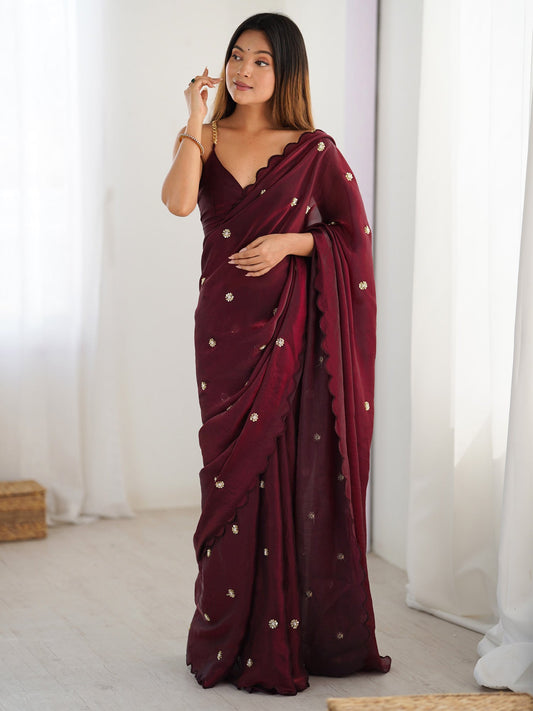 Burgundy Satin Silk Emblished Saree - Ressa
