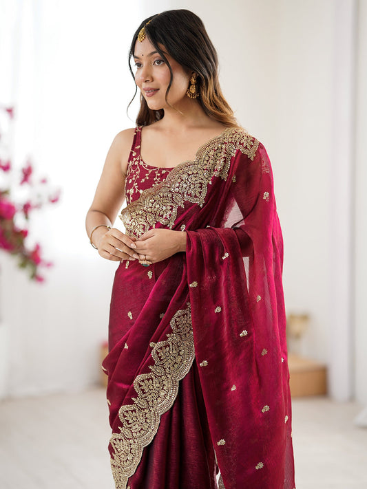 Burgundy Tissue Silk Ethnic Saree with Embroidered Blouse - Ressa