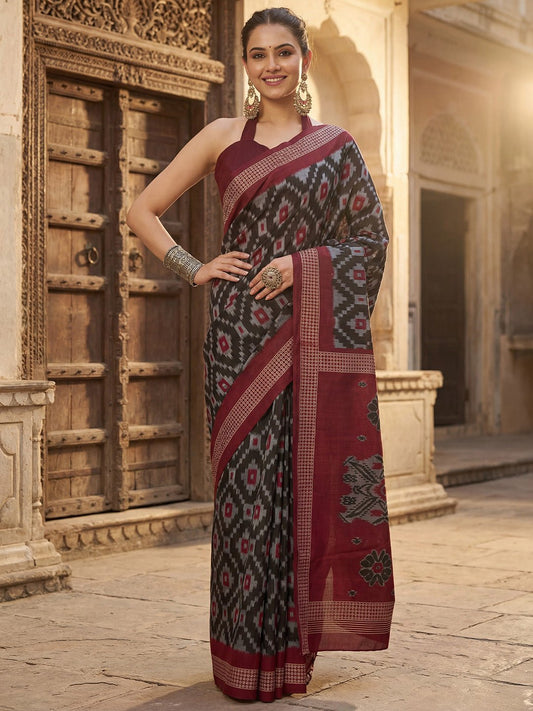 Charcoal Black Bhagalpuri Silk Ikkat Printed Saree - Ressa