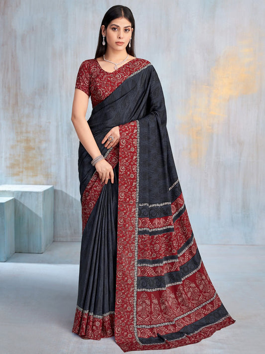 Charcoal Black Self-Weave Jacquard Crepe Saree - Ressa