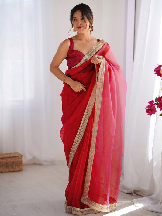 Cherry Red Organza Saree with Scalloped Zari Border - Ressa
