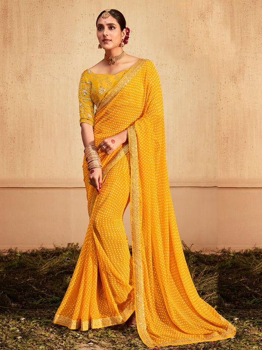Chiffon Bandhani Saree with Gold Zari Border - Ressa