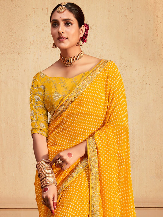 Chiffon Bandhani Saree with Gold Zari Border - Ressa