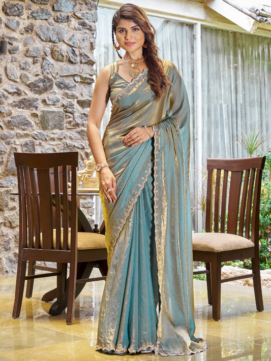 Chiffon Metalic Blue Emblished Party Wear Saree - Ressa