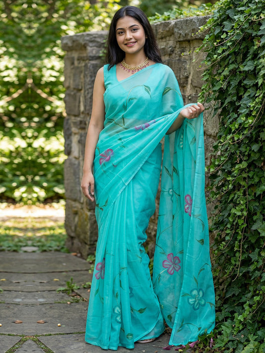 Chinnon Light Blue Hand Printed Saree - Ressa