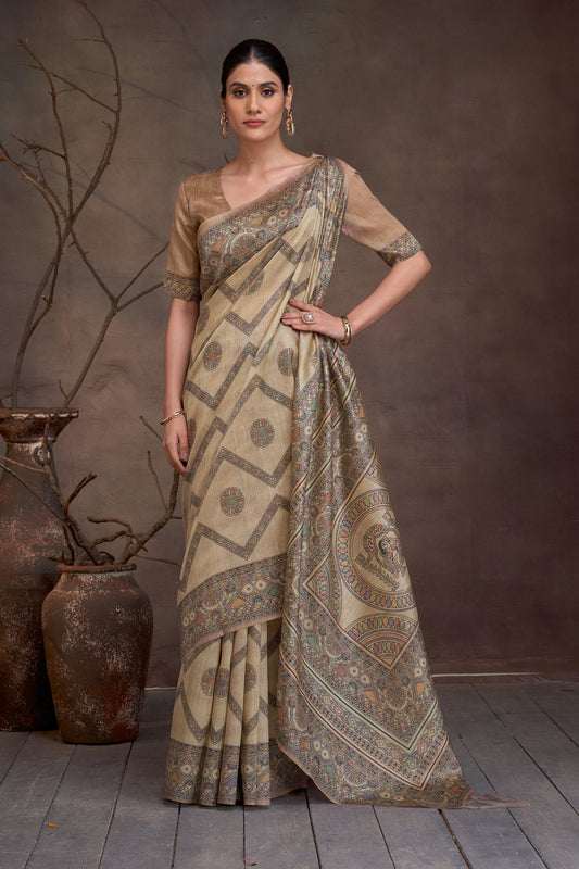 Chitrika Beige Kalamkari Cotton Silk Saree - Ressa
