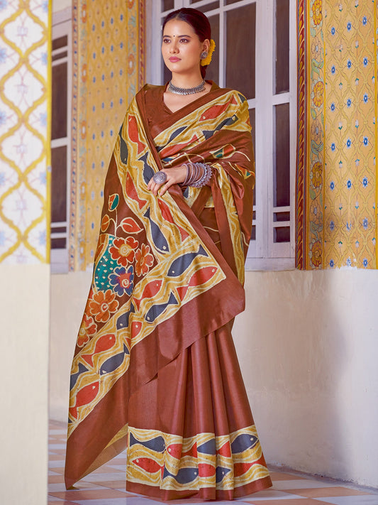 Chocolate Brown Tussar Silk Saree - Ressa