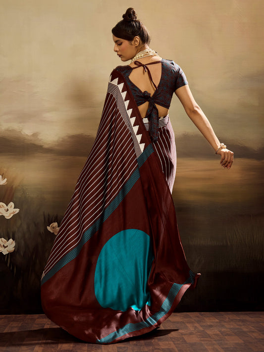 Coffee Brown & White Striped Ikat Silk Saree - Ressa