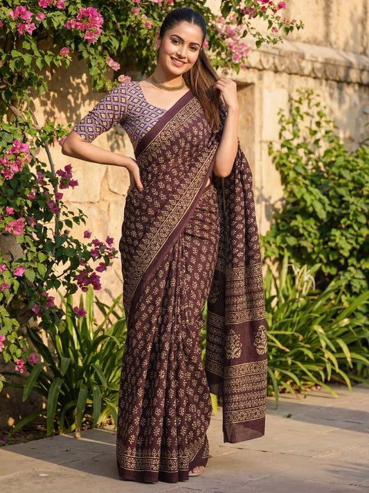 Cotton Mulmul Geometric Vine Saree - Ressa