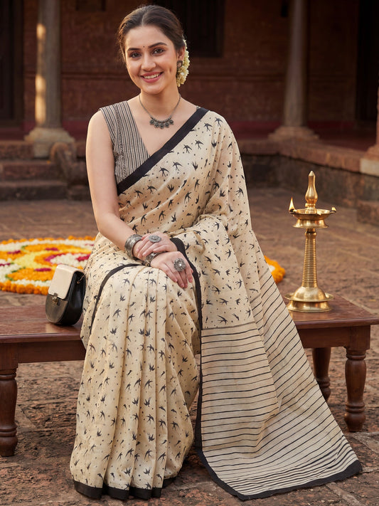 Cream Bird Print Cotton Saree - Ressa
