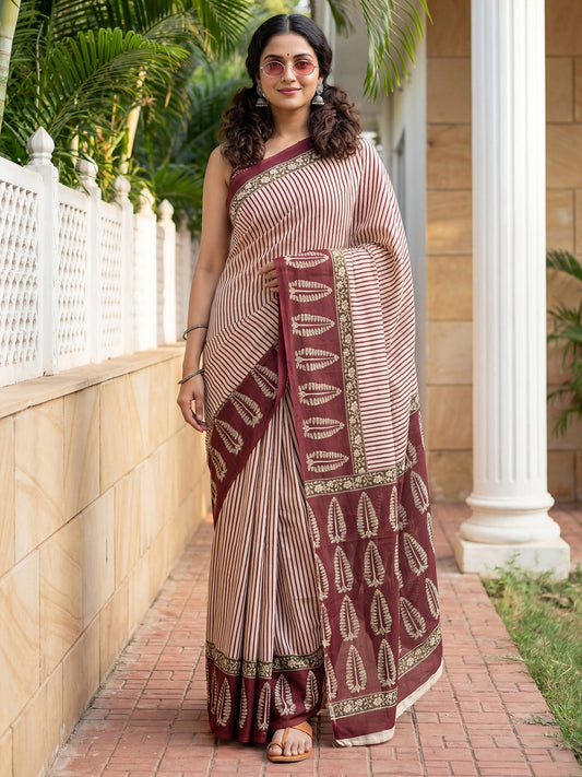 Cream cotton blend Saree - Ressa