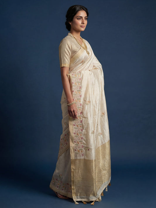 Cream Dola Silk Floral Resham Embroidery Zari Border - Ressa