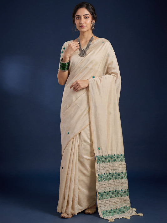 Cream Embroidered Tussar Silk Saree - Ressa