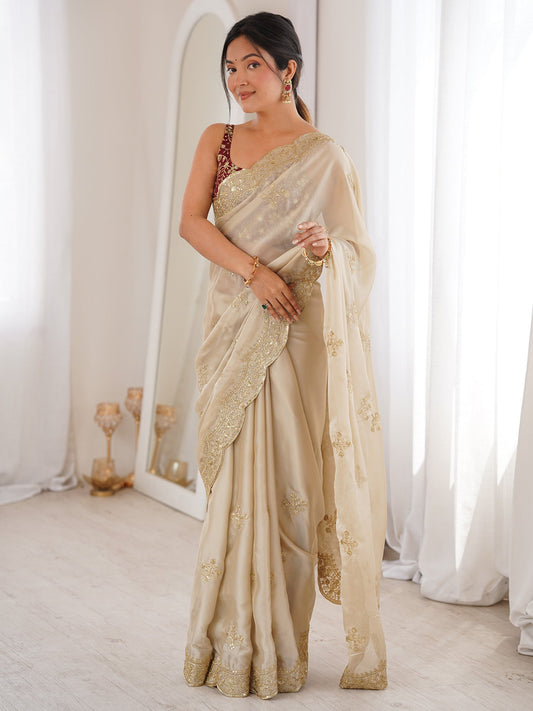 Cream Metallic Tissue Silk Saree - Ressa
