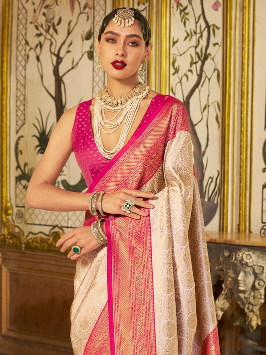 Cream Rani Pink Banarasi Silk Saree - Ressa