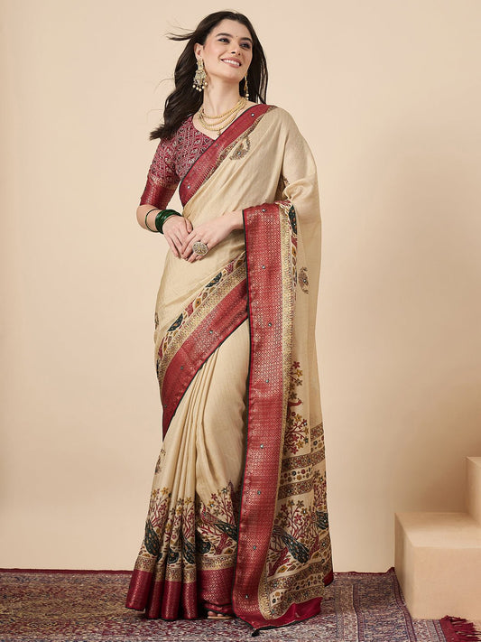 Cream & Red Kalamkari Silk Saree with Peacock Motifs - Ressa