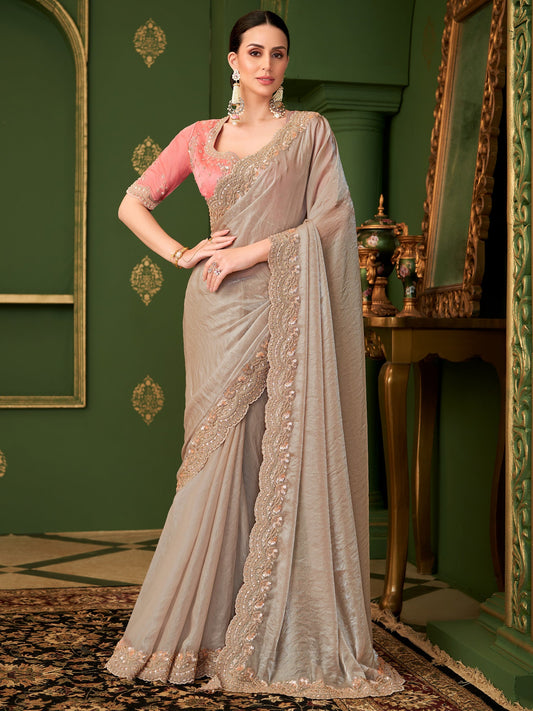Cream Tissue Silk Saree with Scalloped Border - Ressa