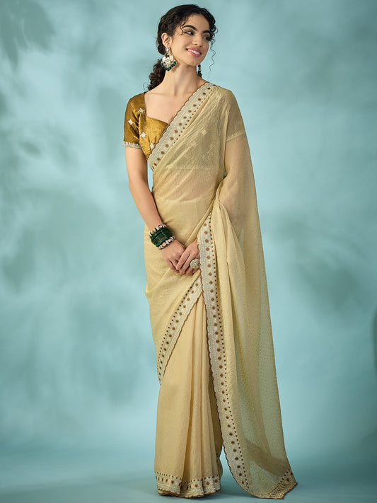 Cream Tissue Silk Saree with Zari Stripes - Ressa