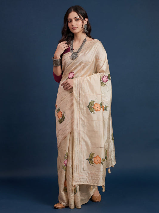 Cream Tussar Silk Saree with Hand-Painted Floral Bouquets - Ressa