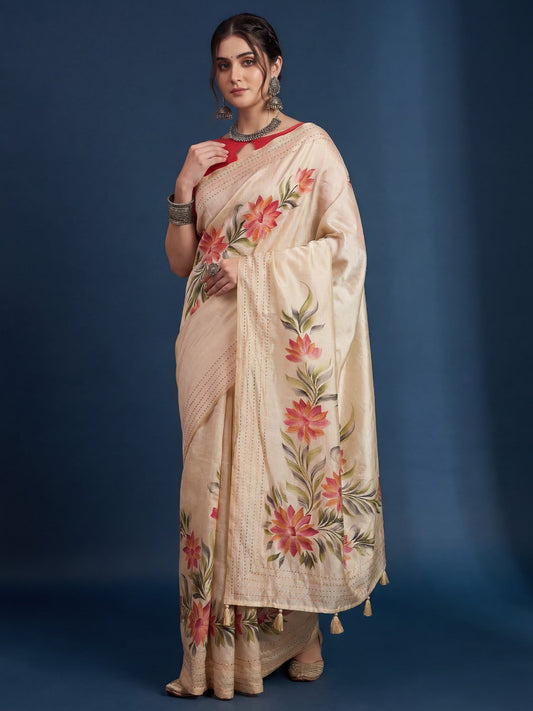Cream Tussar Silk Saree with Hand-Painted Floral Vines - Ressa