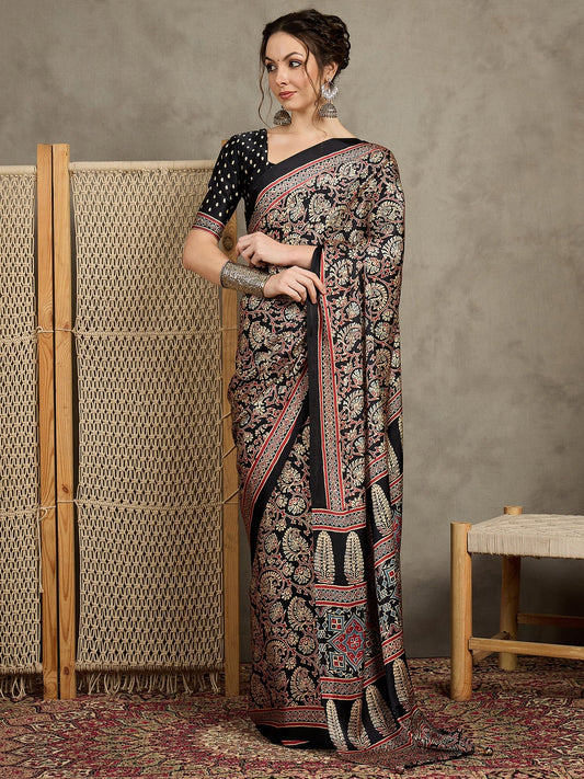 Crepe Black Ajrakh Block Printed Saree - Ressa