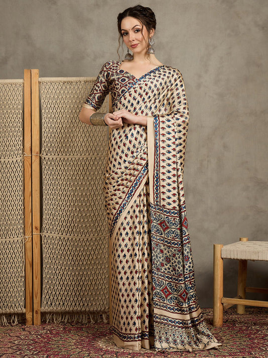Crepe Cream Ajrakh Block Printed Saree - Ressa