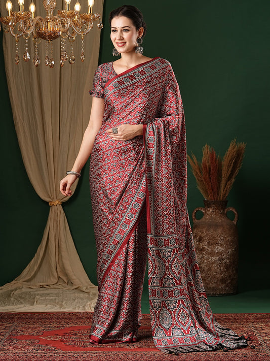 Crepe Maroon & Black Ajrakh Print - Ressa
