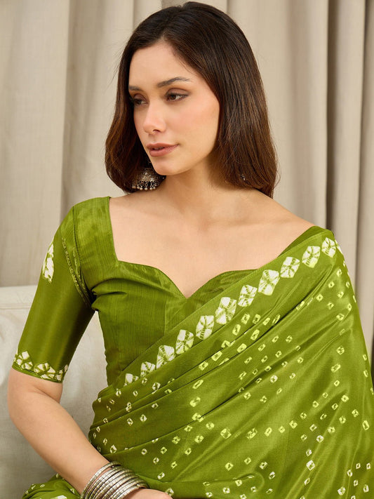 Crepe Olive Green Bandhani Printed Saree - Ressa