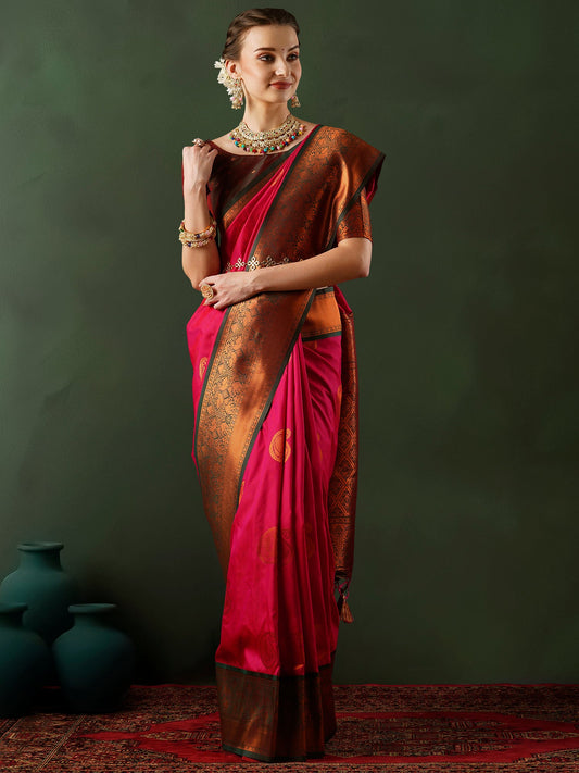 Crimson Banarasi Silk Saree with Antique Gold Zari Border - Ressa