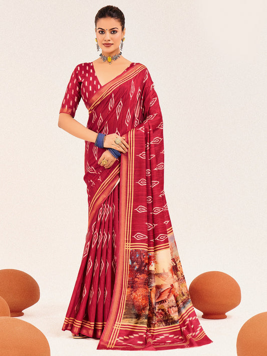 Crimson Ikat Silk Saree with Varanasi Digital Print Pallu - Ressa