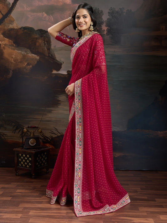Crimson Red Bandhni Georgette Saree - Ressa